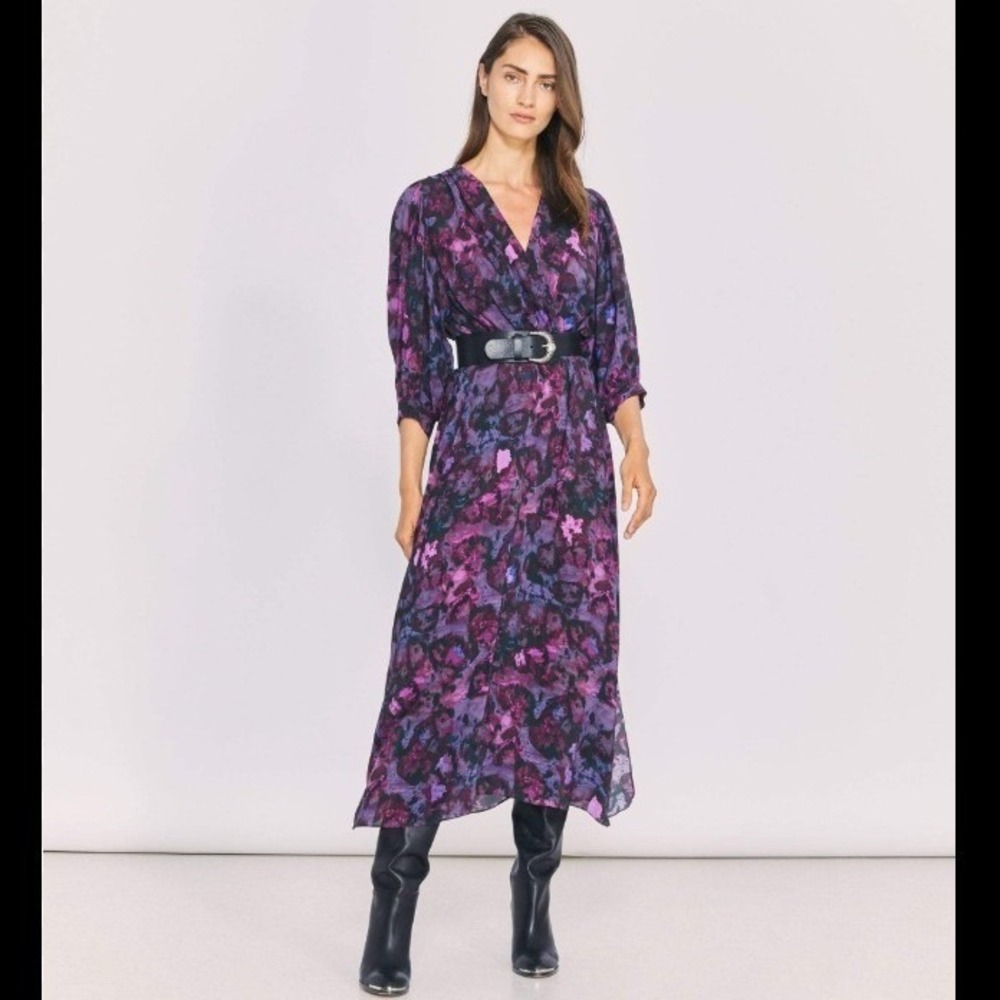 IRO Purple Floral Abstract Watercolor V Neck Whimsical Midi Dress Size 42‎